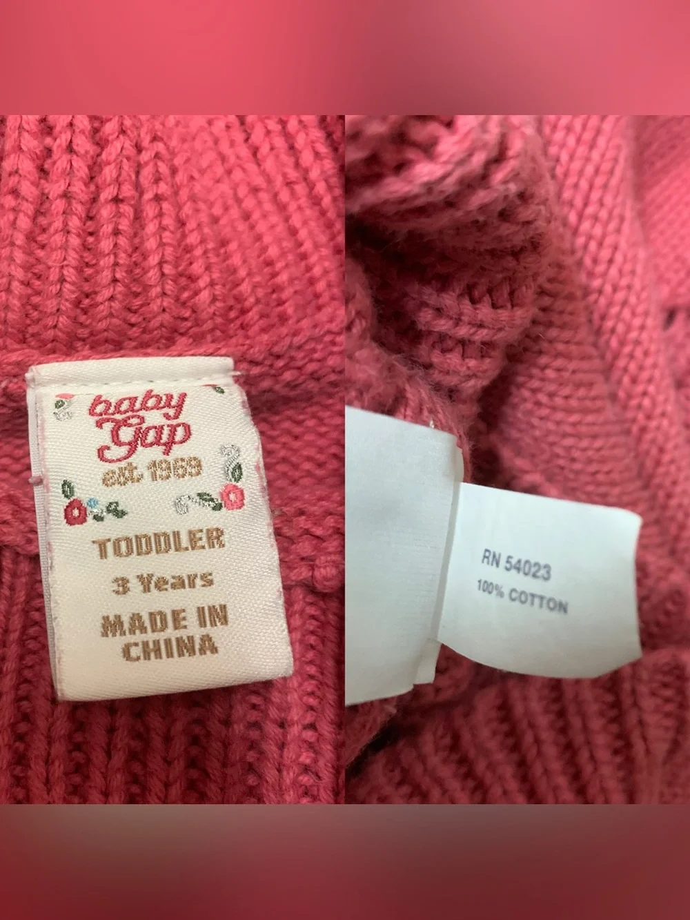 Baby Gap knit cowl neck pullover Pink sweater Toddler Girls Sz 3 100% Cotton